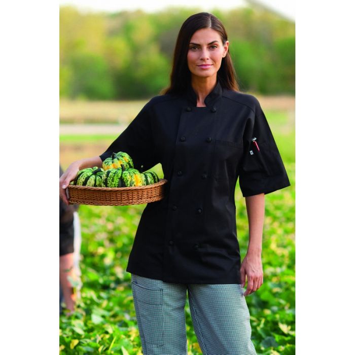 ecuador Playa puede Short Sleeve Black Knot Button Chef Coat with Mesh Back - Quality  Restaurant Uniforms